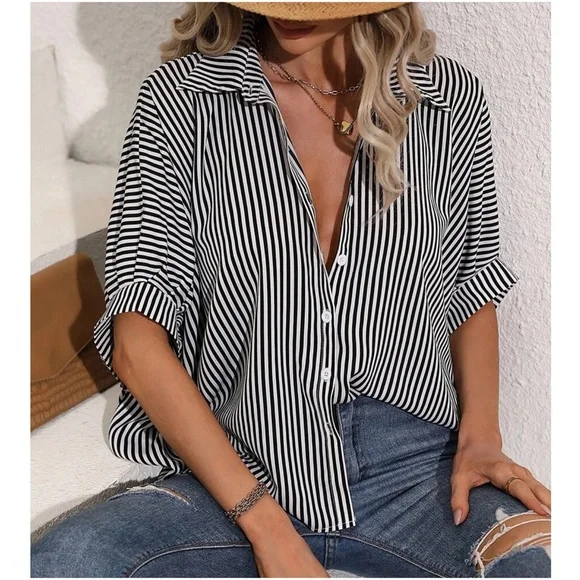 011 Stripes Button Down Boyfriend oversized Shirt - Picture 2 of 10